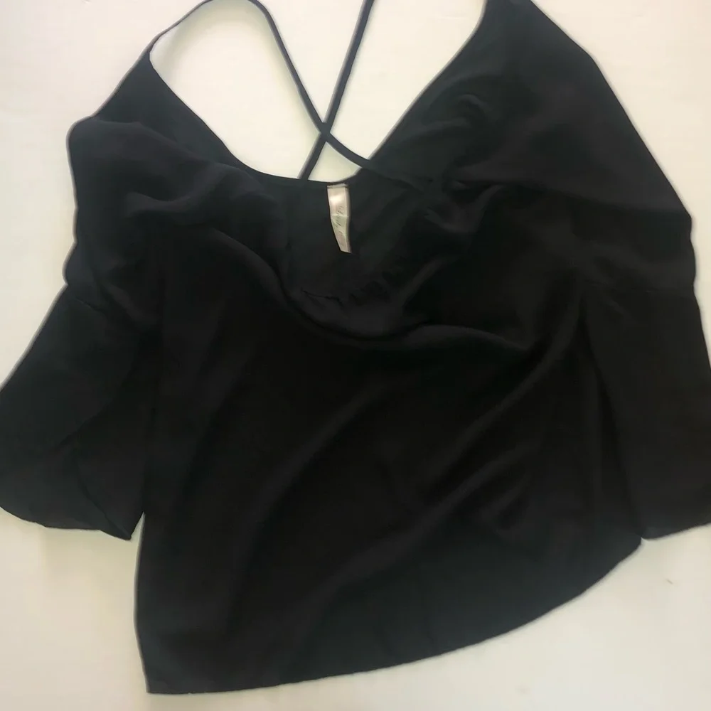 Lovely Day Top S Black Sheer Off Shoulder Cross Strap Back Slit Flare Sleeve VTG